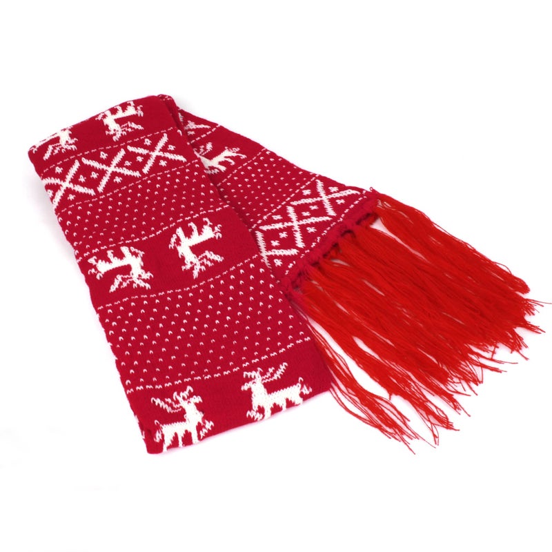 Felice Ann womens Christmas Reindeer Snowflake Fall Winter Warm Knit Long Scarf, Tassels Red, One Size - Image 5